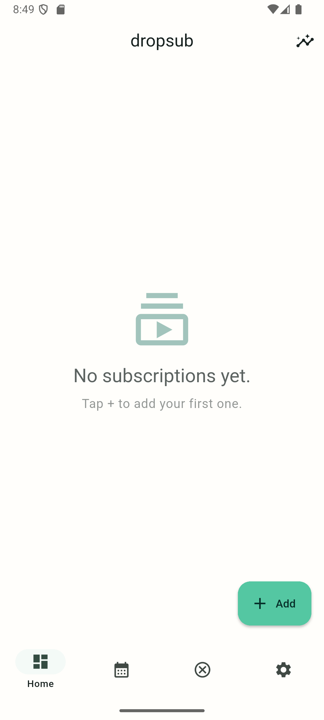 DropSub home screen with empty state and Add button
